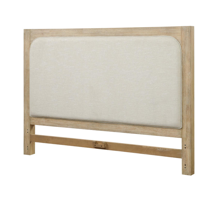 Heartford Queen Upholstered Solidwood Headboard with Stylish Weathered Tan Natural Finish and Cream Fabric