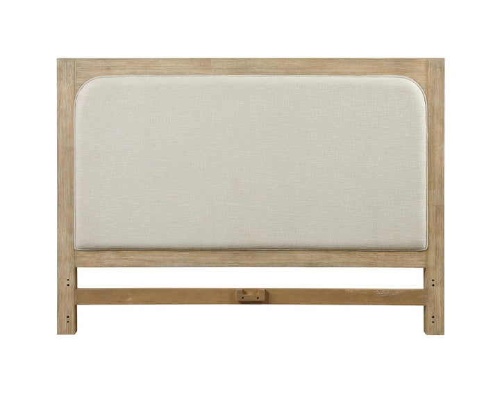 Heartford Queen Upholstered Solidwood Headboard with Stylish Weathered Tan Natural Finish and Cream Fabric