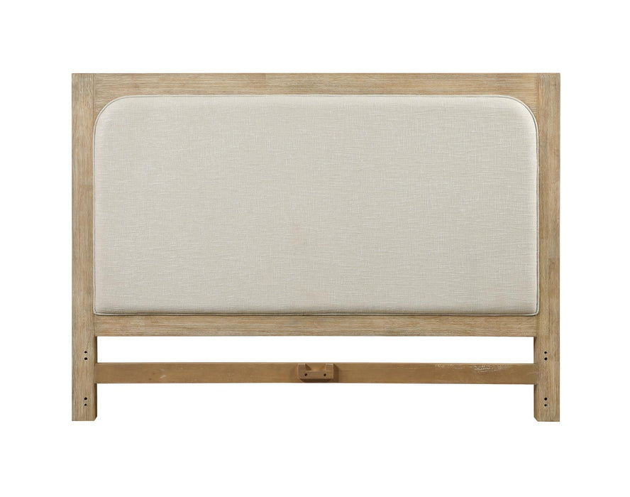 Heartford Queen Upholstered Solidwood Headboard with Stylish Weathered Tan Natural Finish and Cream Fabric