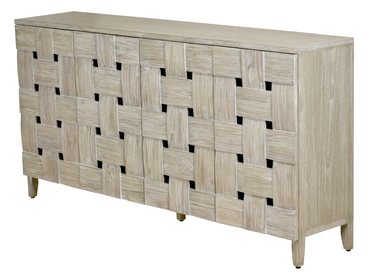 Wooden Weave 4-Door Credenza, Soft Close Doors, Grey Wash Finish.