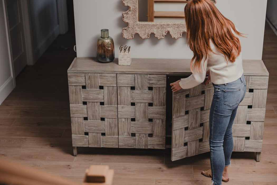 Wooden Weave 4-Door Credenza, Soft Close Doors, Grey Wash Finish.