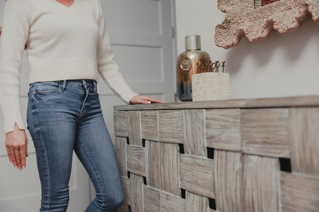 Wooden Weave 4-Door Credenza, Soft Close Doors, Grey Wash Finish.