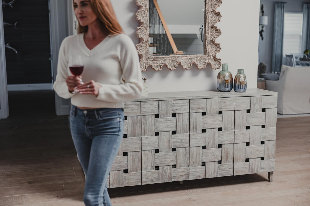 Wooden Weave 4-Door Credenza, Soft Close Doors, Grey Wash Finish.