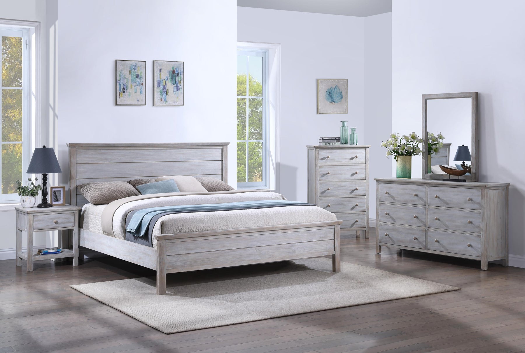 Haven Bayou King Panel Solidwood Bed with Elegant Distressed Grey White Finish