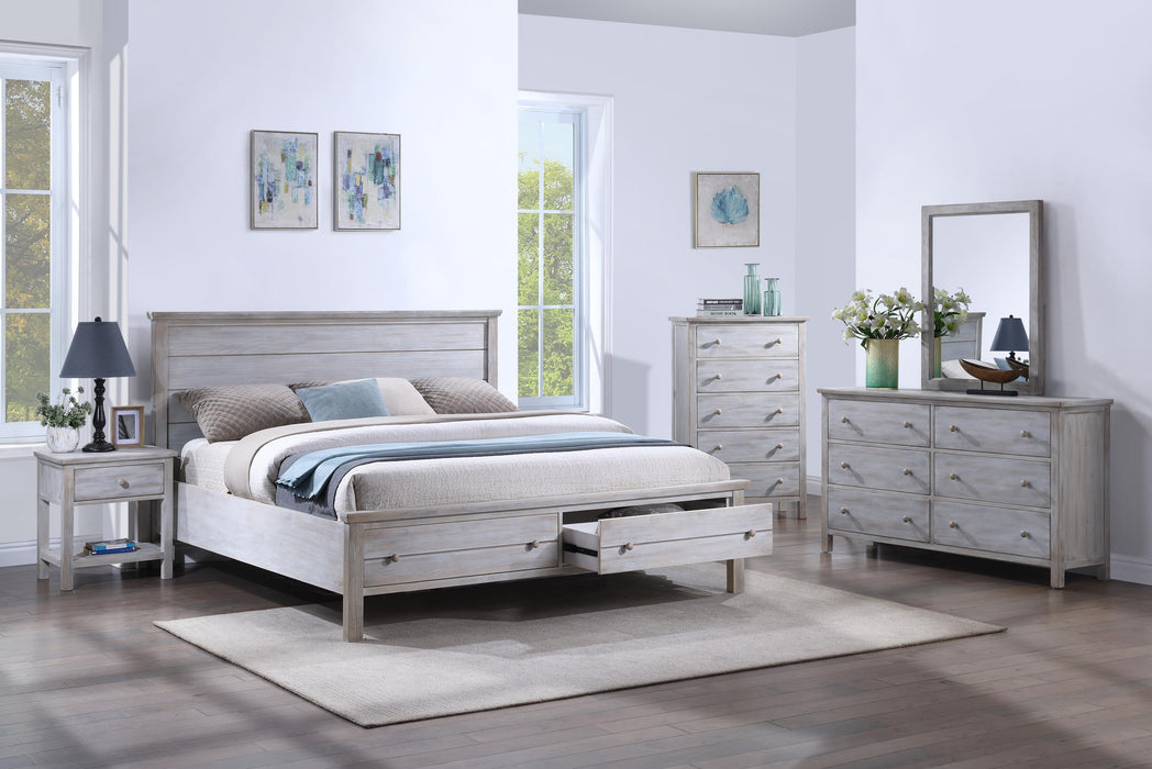 Haven Bayou King Storage Solidwood Bed with Elegant Distressed Grey White Finish