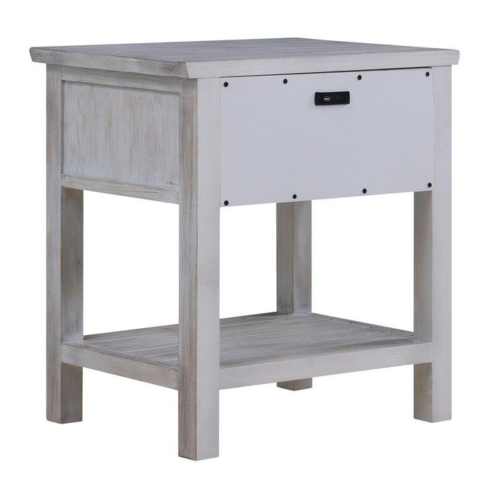 Haven Bayou 1 Drawer with Storage Solidwood Nightstand w/ USB A + C with Elegant Distressed Brown Grey White Finish