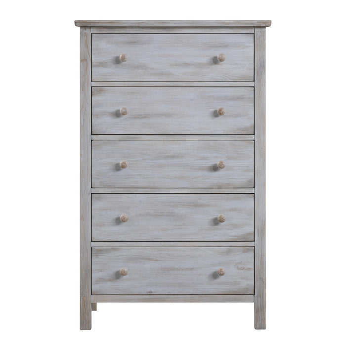 Haven Bayou 5 Drawer Solidwood Chest with Elegant Distressed Grey White Finish