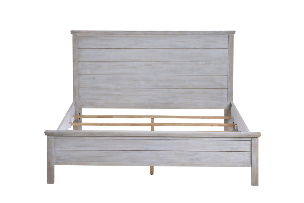 Haven Bayou King Panel Solidwood Bed with Elegant Distressed Grey White Finish