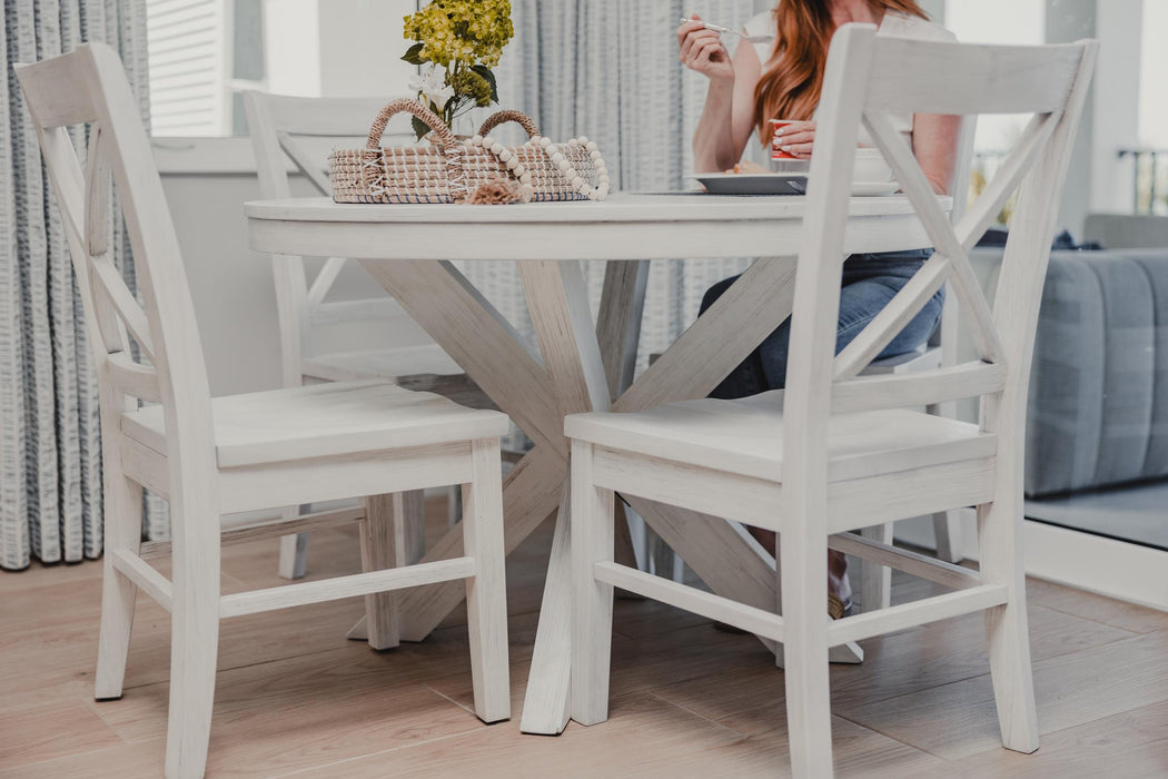 Surfside 45 Round Dining Table  X Shaped Base Weathered White Finish