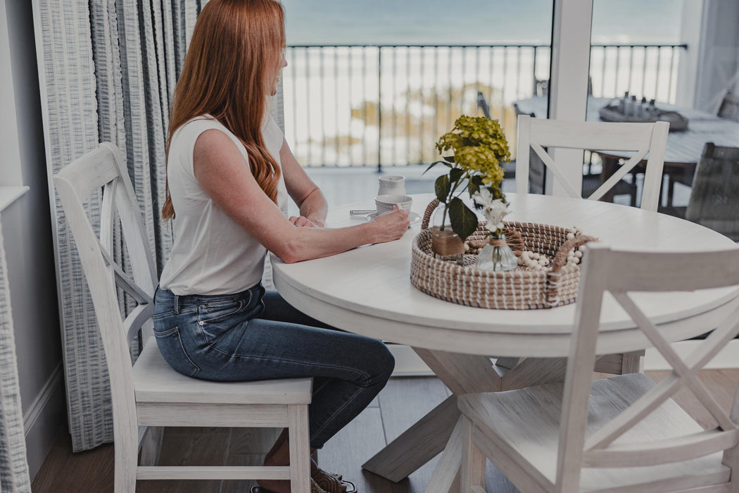 Surfside 45 Round Dining Table  X Shaped Base Weathered White Finish