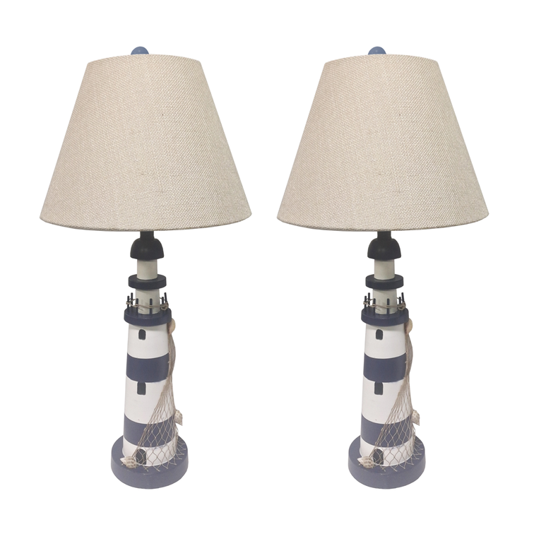 Lux Lighting Lighthouse Blue/White Coastal Table Lamps, USB Charging port (Set of 2) 3-Way Switch