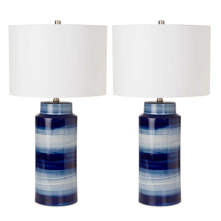 Lux Lighting Navy and White Stipped Ceramic Coastal Inspired Masterpiece Table Lamps (Set of 2) 3-Way Switch