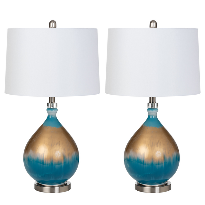 Lux Lighting 27 Gold/Blue Glass Table Lamp, (Set of 2) 3-Way Switch