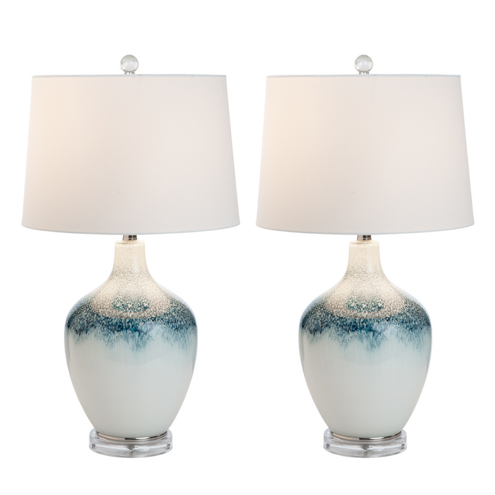 Lux Lighting Baldwyn Coastal Ombre Blue/White Glass Table Lamps with Linen Shade (Set of 2) 3-Way Switch