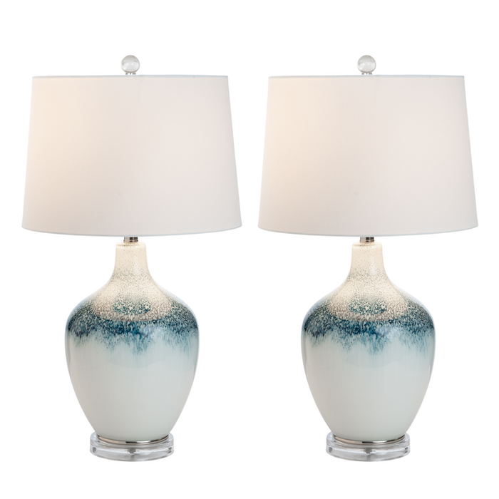 Lux Lighting Baldwyn Coastal Ombre Blue/White Glass Table Lamps with Linen Shade (Set of 2) 3-Way Switch