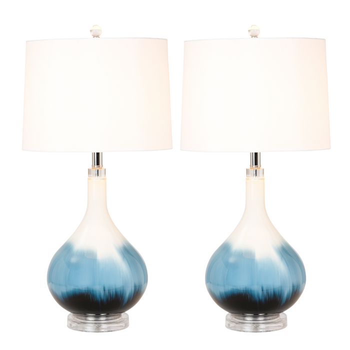 Lux Lighting Ombre 28 Stunning Blue Tone Glass Table Lamps with Linen Shade (Set of 2) 3-Way Switch