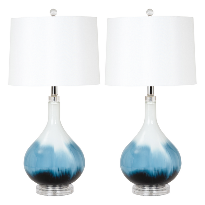 Lux Lighting Ombre 28 Stunning Blue Tone Glass Table Lamps with Linen Shade (Set of 2) 3-Way Switch