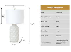 Lux Lighting  Stunning Ceramic Coastal White Table Lamps with Linen Shade (Set of 2) 3-Way Switch