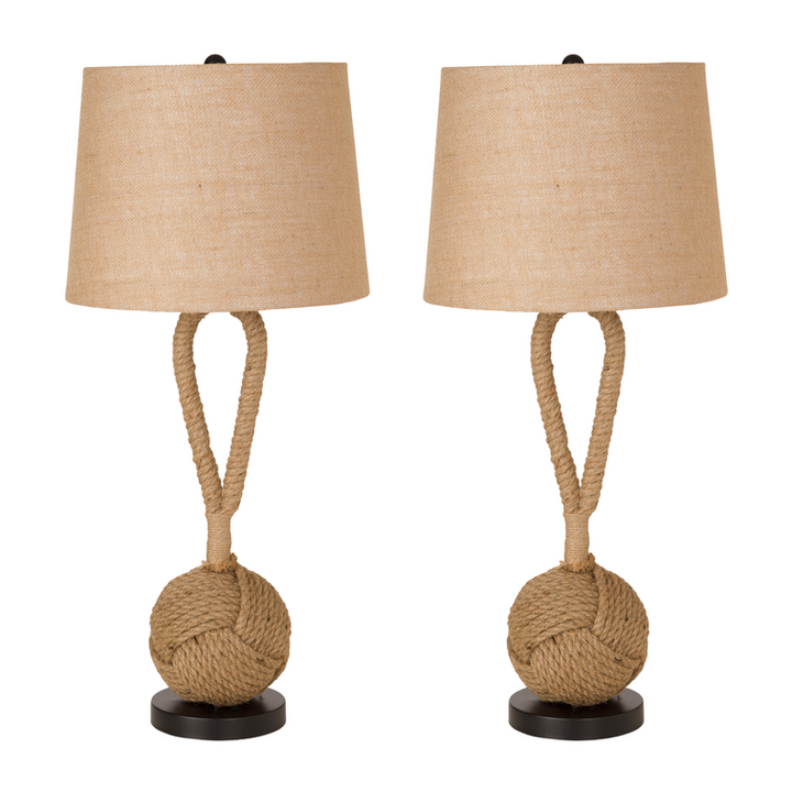 Lux Lighting Rope Farmhouse Coastal Table Lamps with Burlap Shade (Set of 2) 3-Way Switch