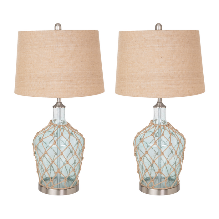 Lux Lighting 28 Light Blue Semi-Clear Coastal Glass Jug Table Lamp with Rope (Set of 2) 3-Way Switch