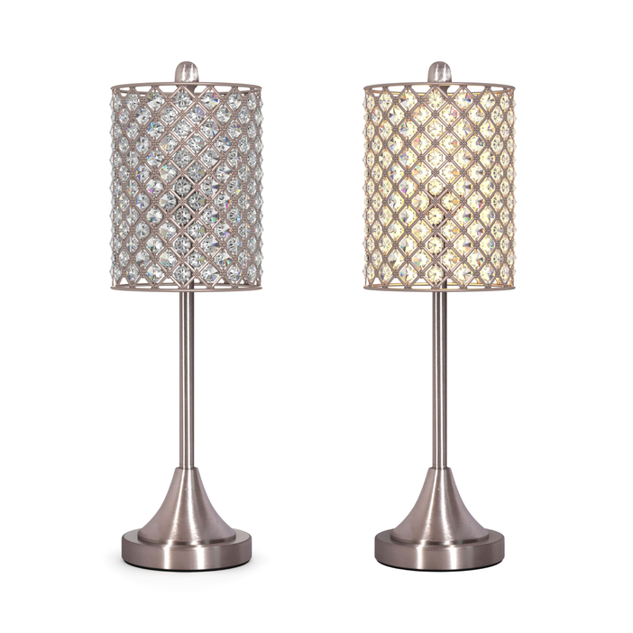 Lux Lighting  27 Crystal Bling Silver Metal Table Lamp, (Set of 2) 3-Way Switch