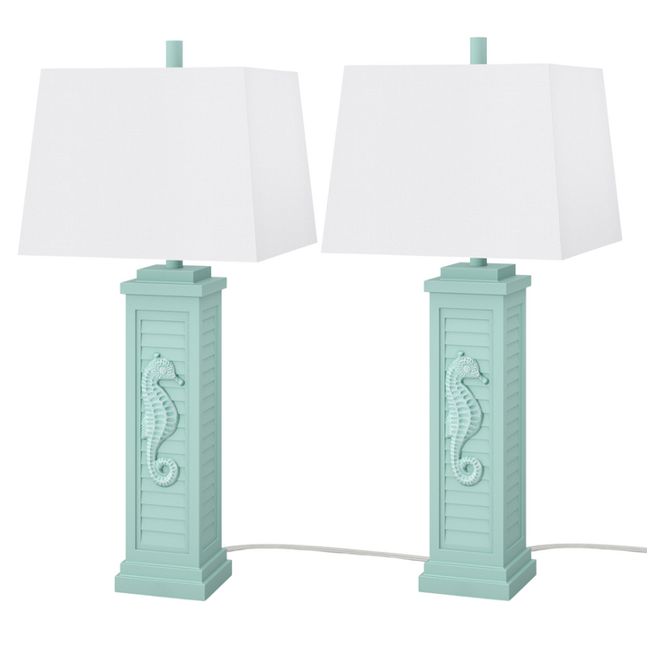 Lux Lighting Sea Horse Shutter 32  Blue/Green Coastal Lamp with USB Charging port (Set of 2) 3-Way Switch