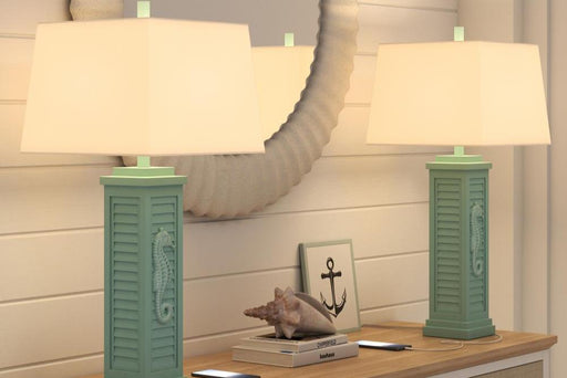 Lux Lighting Sea Horse Shutter 32  Blue/Green Coastal Lamp with USB Charging port (Set of 2) 3-Way Switch