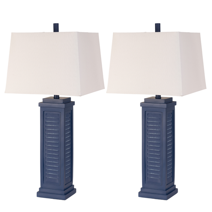 Lux Lighting Stunning Shutter Navy Blue Table Lamps with Linen Shade, USB Charging port (Set of 2) 3-Way Switch