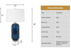 Lux Lighting Stunning Blue Glass Table Lamps with Linen Shade (Set of 2) 3-Way Switch