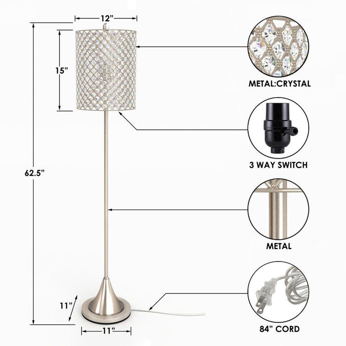 Lux Lighting 62 Crystal Silver Bling Floor Lamp - Modern Brillance - 3-Way switch