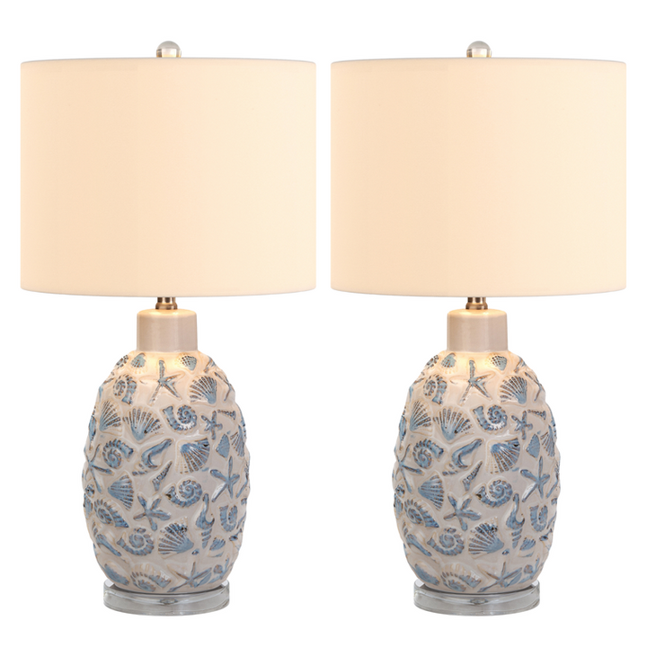 Lux Lighting Ceramic Sea Shell Coastal  White and Blue Table Lamps (Set of 2) 3-Way Switch